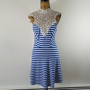 Dorthy Blue & White Striped Dress W Lace Neckline medium